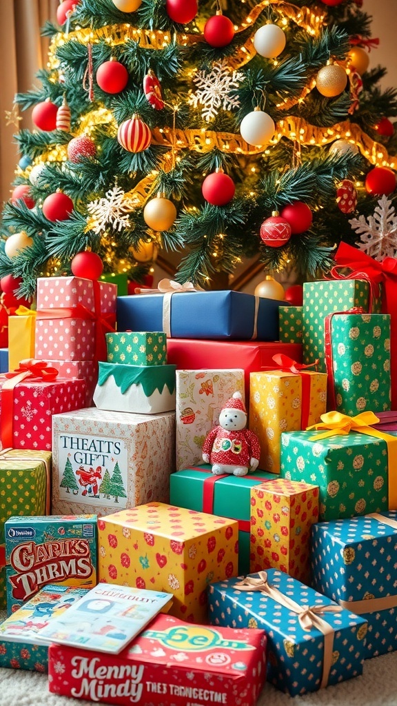 Creative Christmas Gift Ideas for Nieces and Nephews A collection of Christmas gifts for children, including toys and books, under a decorated Christmas tree.